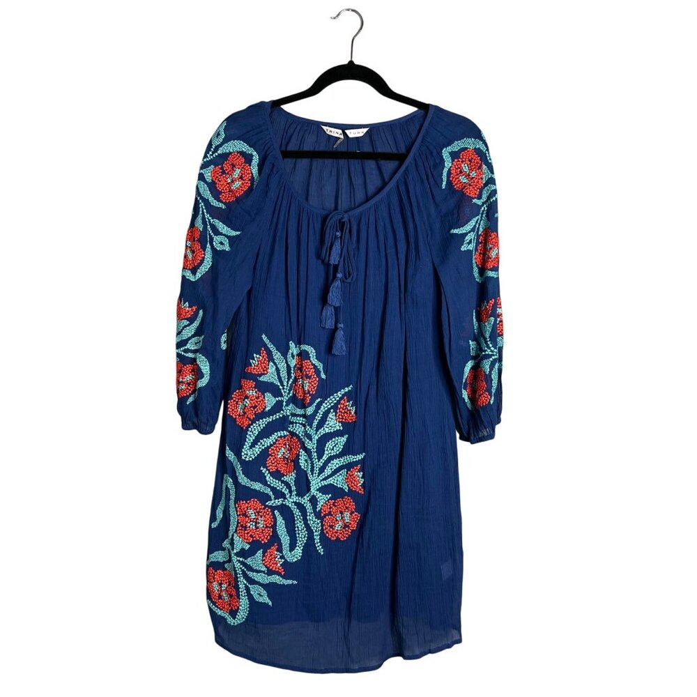 Trina Turk Blue Mini Dress with Red Floral Embroidery